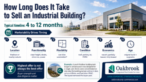 Modern industrial warehouse building with loading docks and graphic showing timeline and key factors affecting how long it takes to sell an industrial property